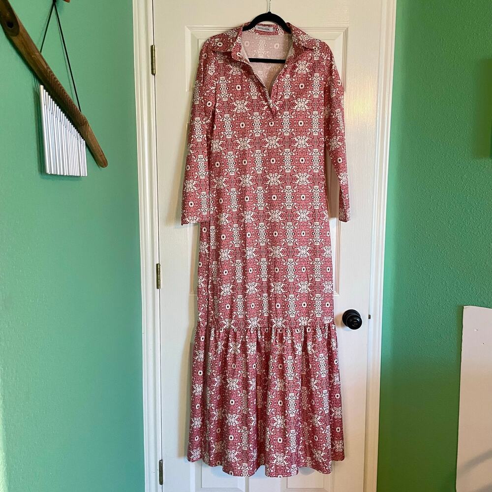 Misslook Coral Pink Batik Print Oversized Maxi Dress Ruffle Bottom Size Small